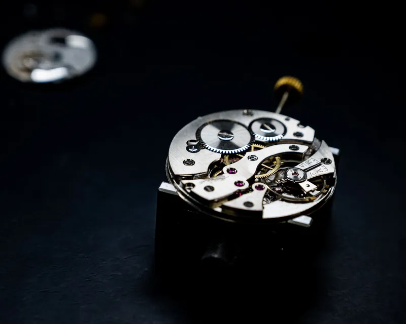 A watch movement on black