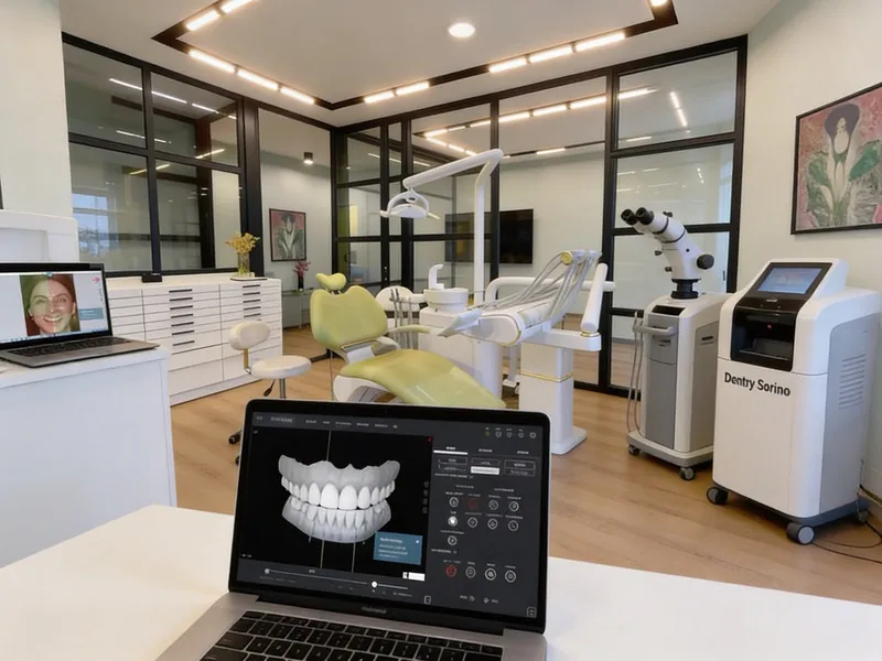 A treatment room, a 3D model of the teeth on a laptop