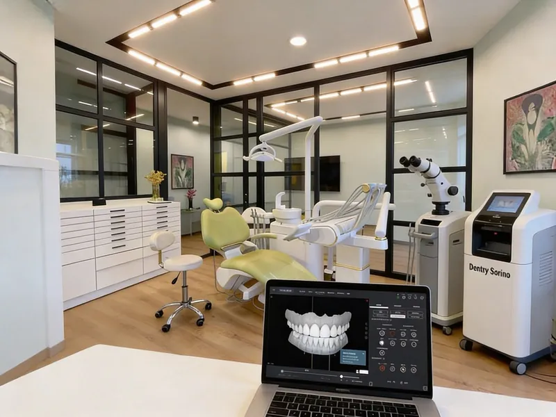 A treatment room with a dental chair and an operating microscope