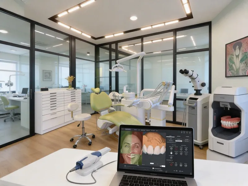 A treatment room with an intraoral scanner and a laptop