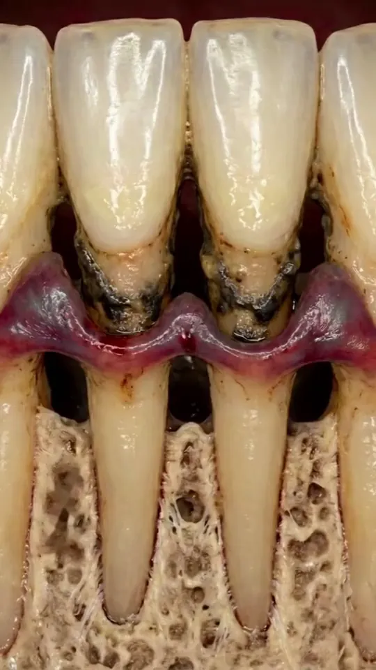 Animation of tartar on the roots below the gums