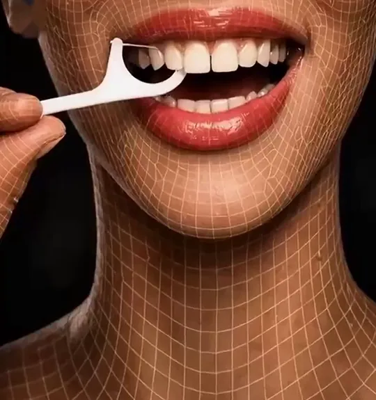 A woman flossing, from a Mineers film