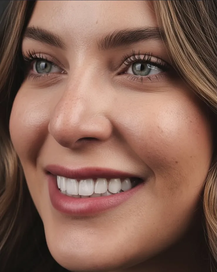 A woman smiling, head turned