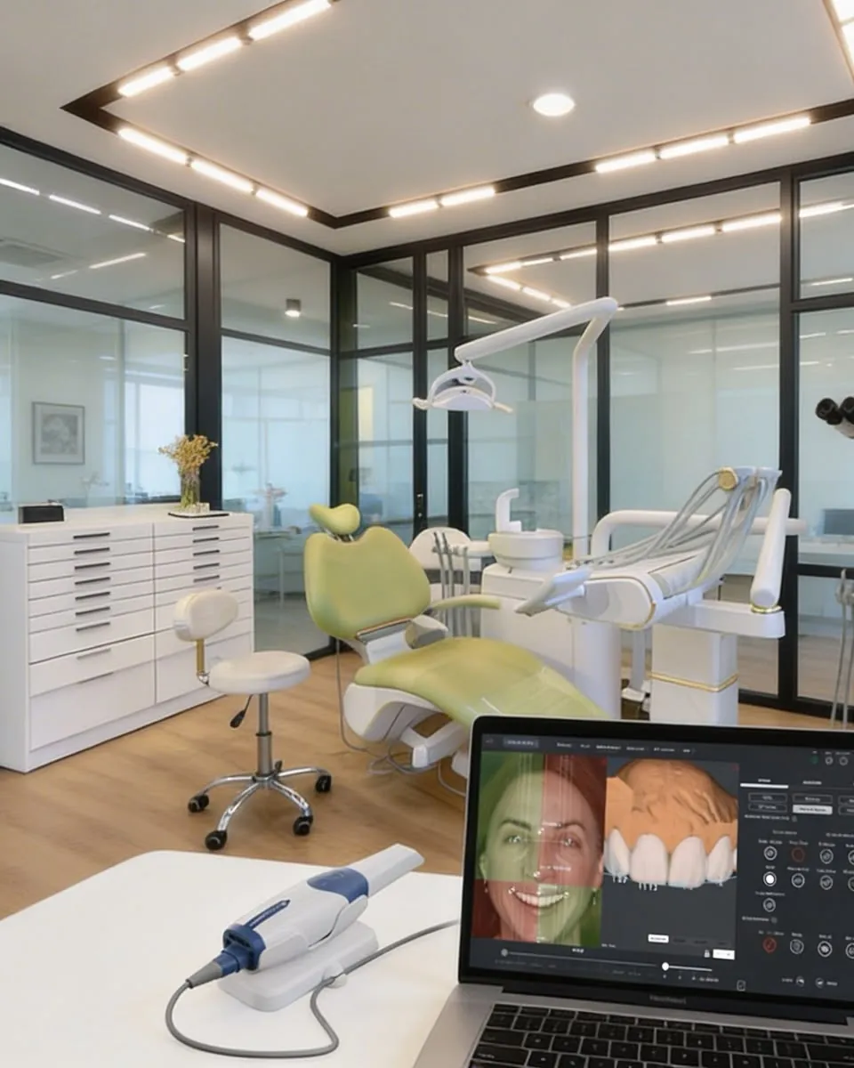 A treatment room with a dental chair, an intraoral scanner and a laptop