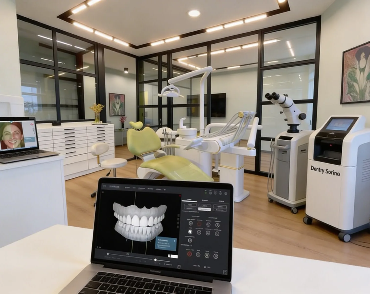 A treatment room, a 3D model of the teeth on screen