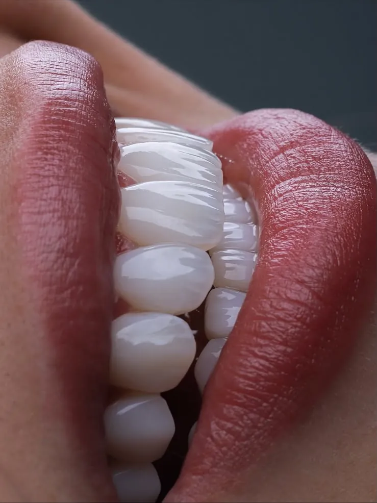 Veneers seen from the side between dark lips