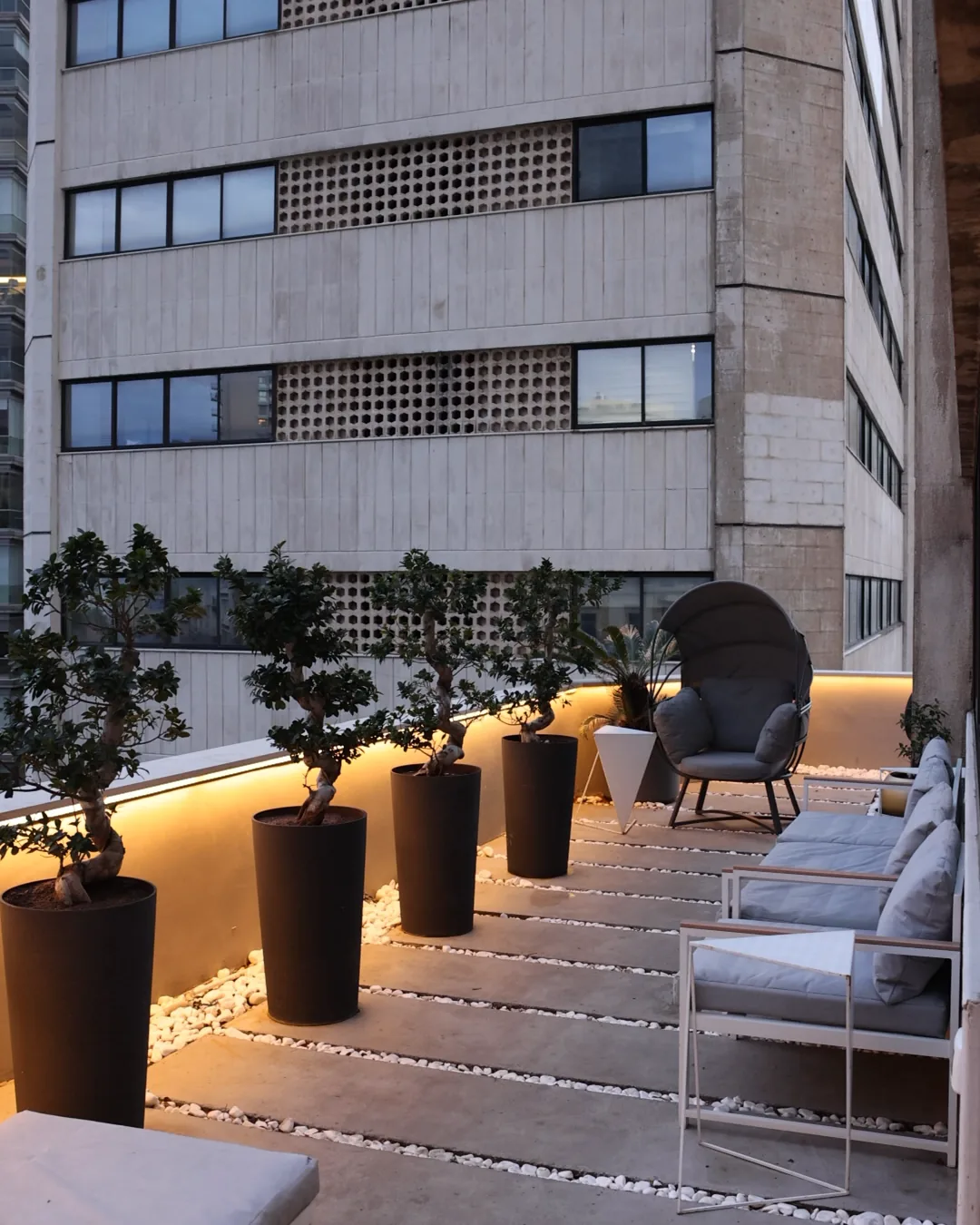 The clinic's terrace in Achrafieh, Beirut, at dusk